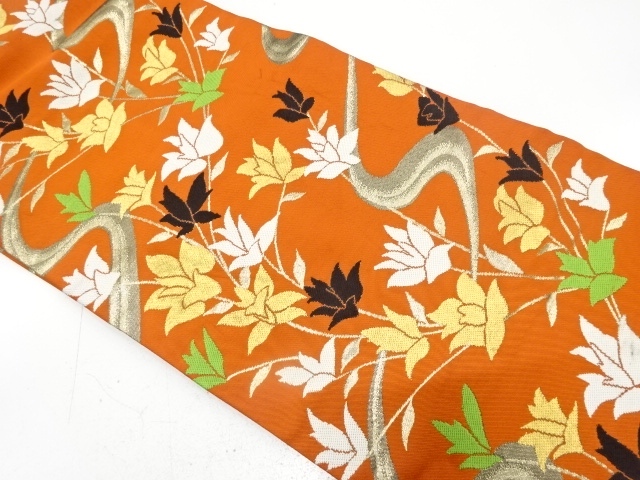 JAPANESE KIMONO / ANTIQUE NAGOYA OBI / SILK / WOVEN FLORAL PLANTS